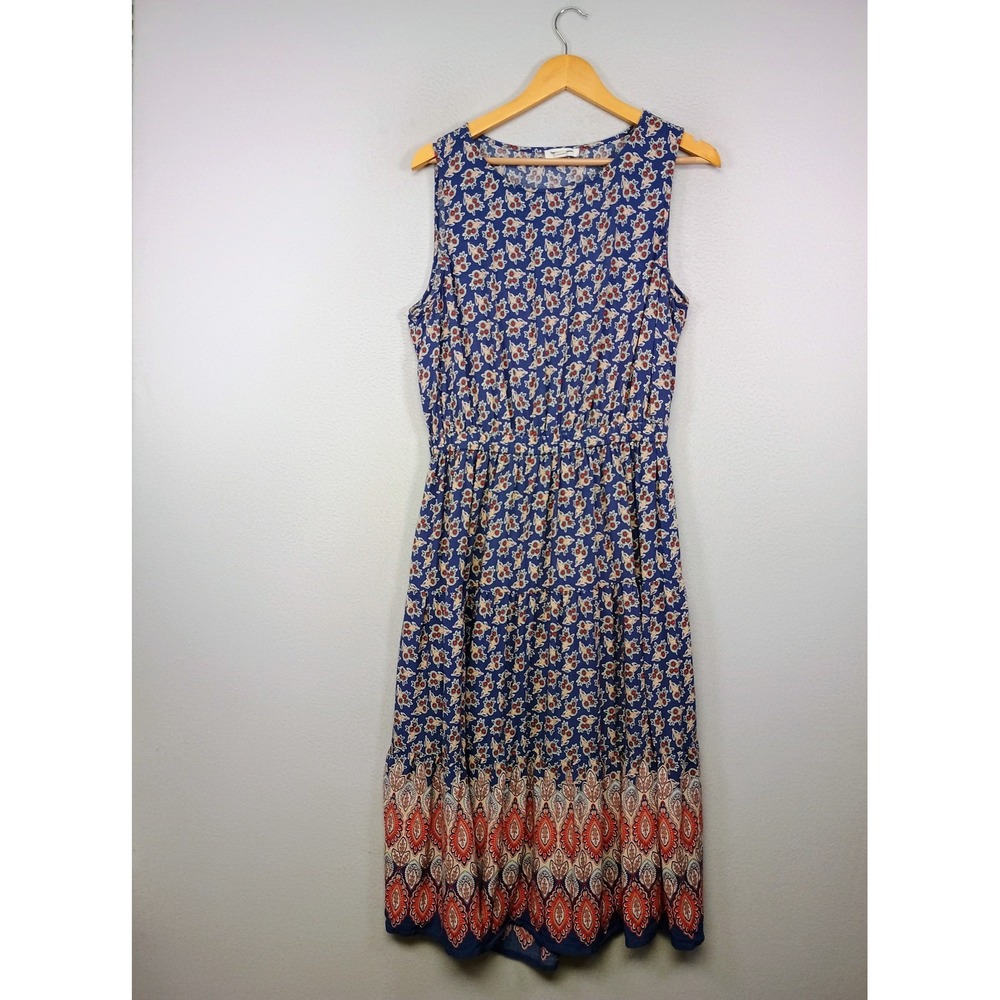 Boho Beachlunchlounge Womens Medium Blue Floral Paisley Cutout Tiered Midi Dress
